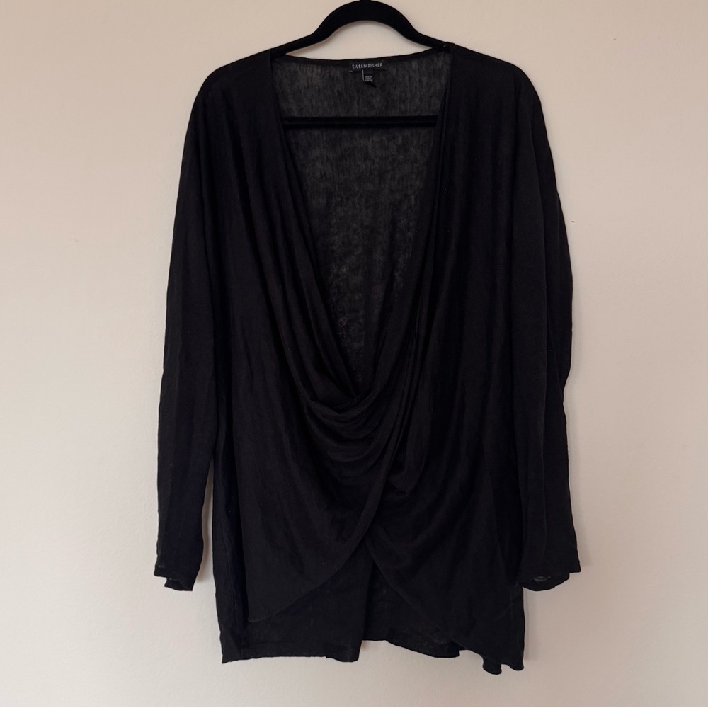 Eileen Fisher Size M Linen Blend Black Twist Front Draped Long Sleeve Top